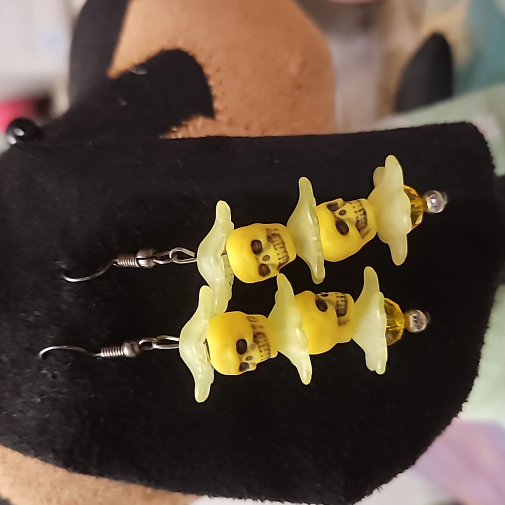 Handmade Skull Pirate Pierced Earrings w/Plastic Yellow Skulls- NEW